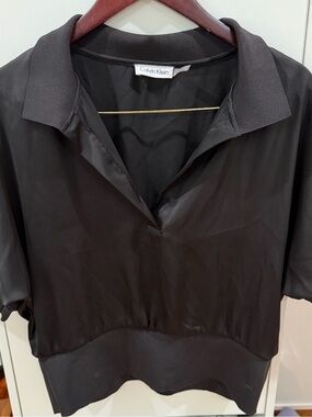 Calvin Klein Black Cropped Short-Sleeve Polo Top